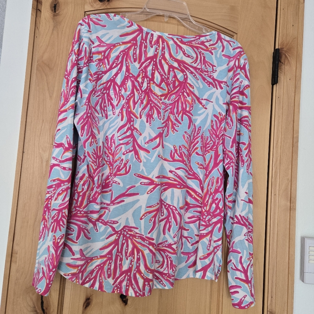 Long Sleeve V-Neck Women’s Top in Light Blue with Pink Coral Print - Picture 2 of 4